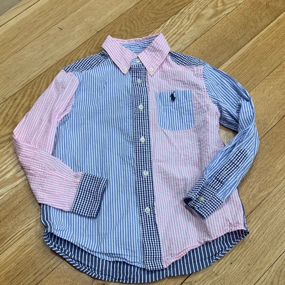 Ralph Lauren Patchwork Striped Button-Down Shirt in Pink & Blue.Boys.Cotton